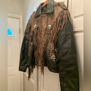 Vintage Black & Tan Fringed Leather Jacket Men’s Size 50 XL